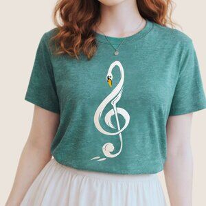 Swan Treble Clef Graphic Tee Women's XL Green Musiccore Casual Top